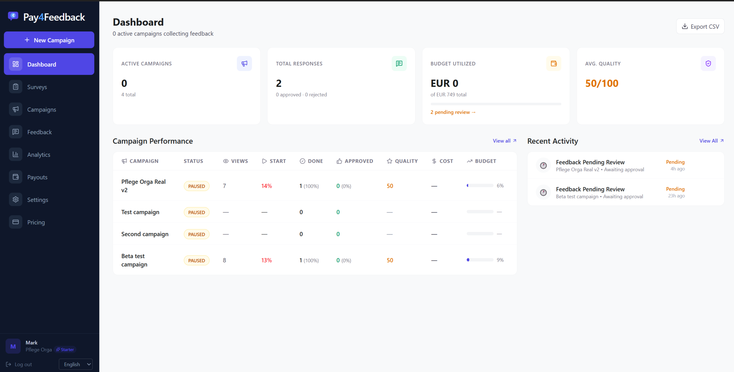 Pay4Feedback dashboard screenshot — tap to open the live demo